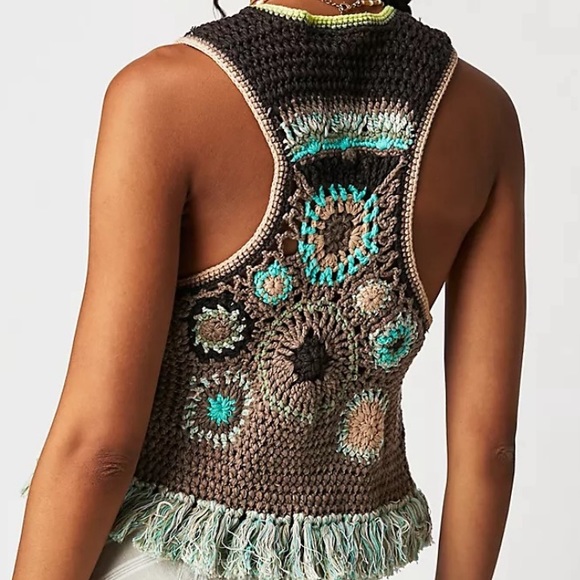 Free People Desert Rose Crochet XS Brown Handcrafted Button Fringe Boho Vest - Picture 3 of 6
